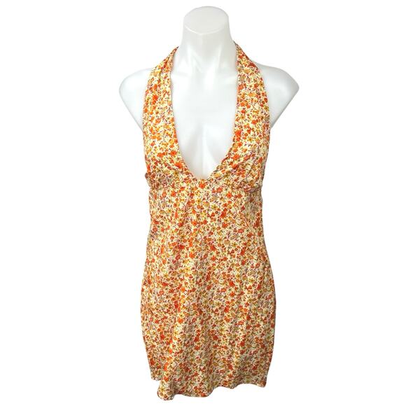 NEW Motel Orange Leana Ditsy Floral Halter Plunge V Sleeveless Mini Dress Size L - Picture 1 of 4